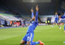 Iheanacho’s wonder strike secures win for Leicester over Crystal Palace Iheanacho celebrating his goal against Crystal Palace. Photo: Twitter@Leicester City FC.