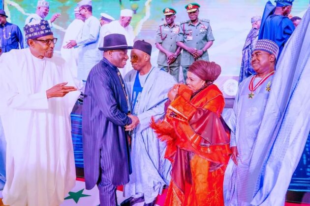 Buhari confers public service awards on Jonathan, 16 govs, ministers, others