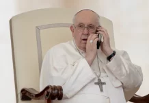 Pope Francis takes a telephone call during the May 17 general audience (+video)