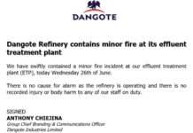 Just in: Dangote Refinery contains minor fire at its effluent treatment plant Dangote reacts
