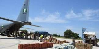 NAF airlifts relief materials donated by First Lady to Borno flood victims