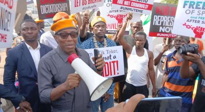 Omoyele Sowore speaks at the protest ground in Abuja on April 7, 2025