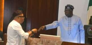 President Tinubu swears in Nnanna Uzor-Kalu as NASC commissioner Hon(Dr) Nnanna Johnson Uzor-Kalu (l), in a warm handshake with President Tinubu (r), immediately after his inauguration by the President during the Federal Executive Council meeting at the Aso Rock Presidential Villa today.