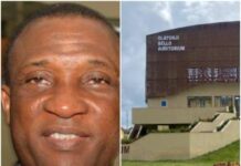 Why I built an auditorium for LASU, By Tunji Bello A combined photo of Tunji Bello and the Auditorium
